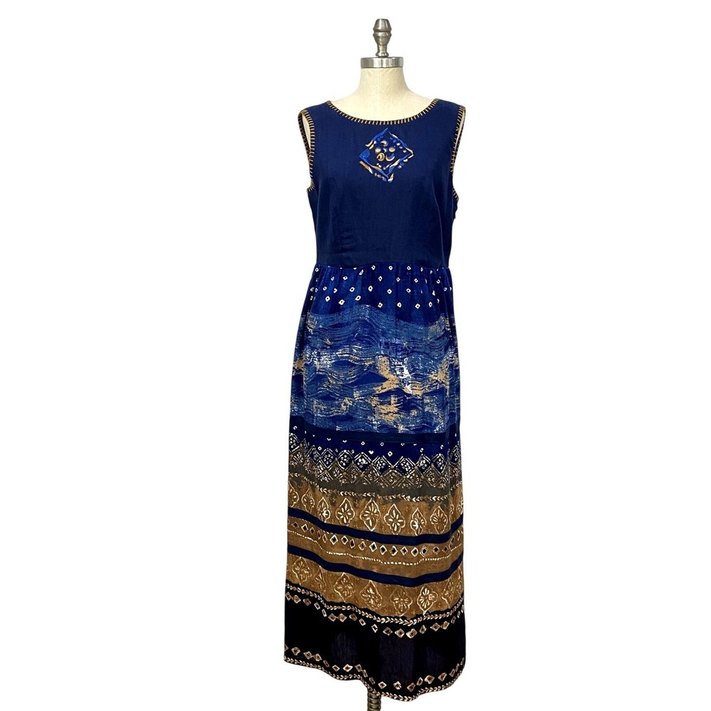 Carole Little Dress Sz 10 Blue Linen Maxi Boho Back Cutout Sleeveless Aztec USA